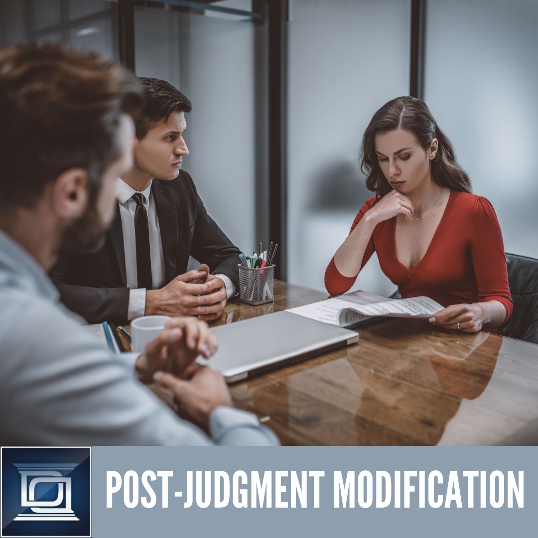 divorced couple with a family lawyer working on a post-judgment modification